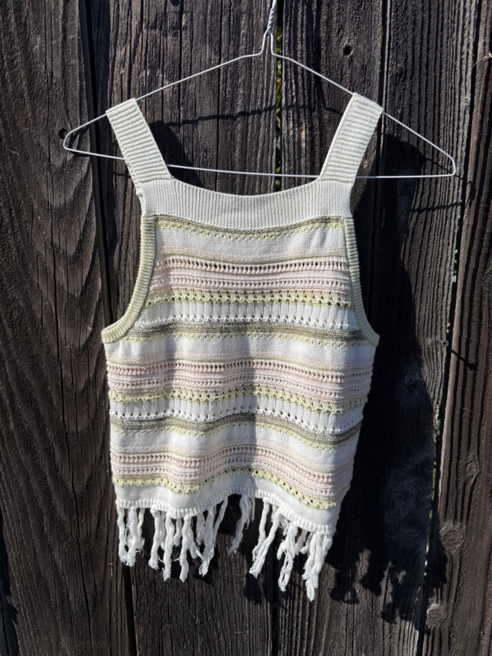 Shyanne White Knit Fringe Tank with Pastel Pink and Green Stripes